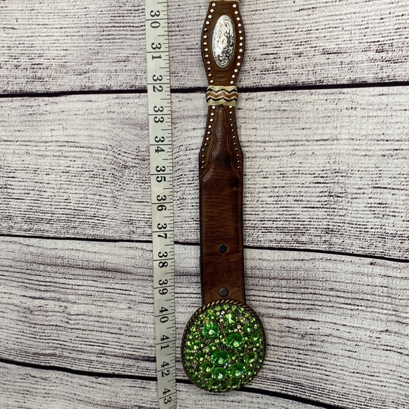 Green Rinestone Y2K Vintage Swarovski Crystal Western Leather Belt Size 36 - Picture 12 of 13